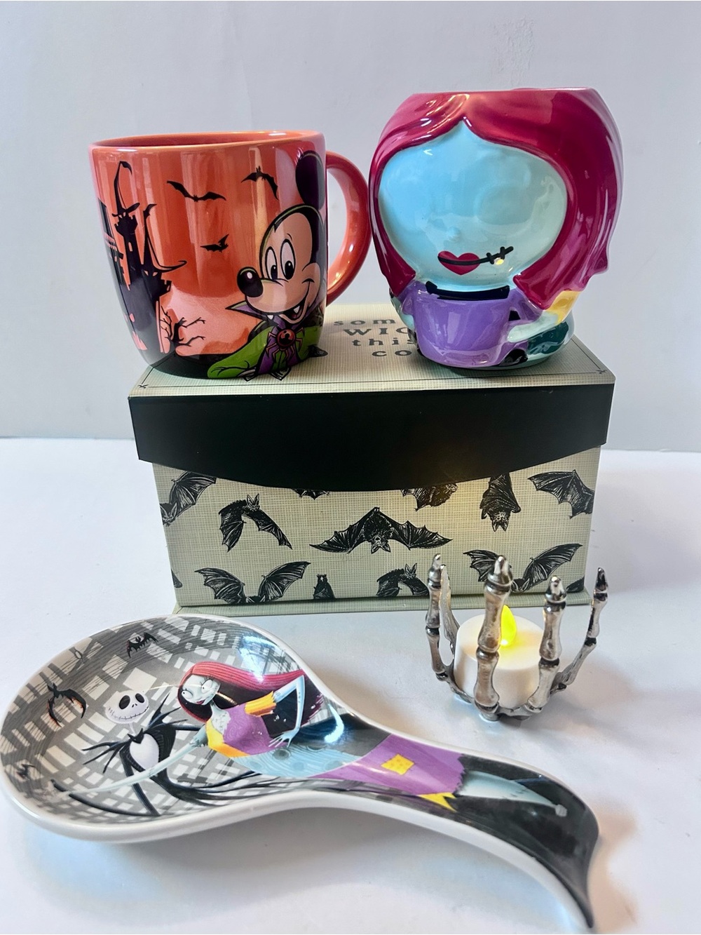 Spooky Disney Decor 5 piece Set: Halloween Mugs, Spoon Rest, and Bat Box
